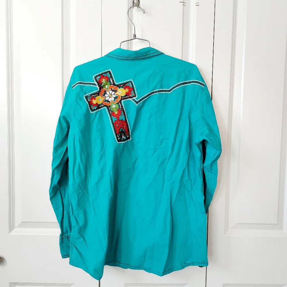 Ariat Teal Rosario Western Pearl Snap Shirt Embroidered Anita Bonita Cross XXL - Picture 2 of 7